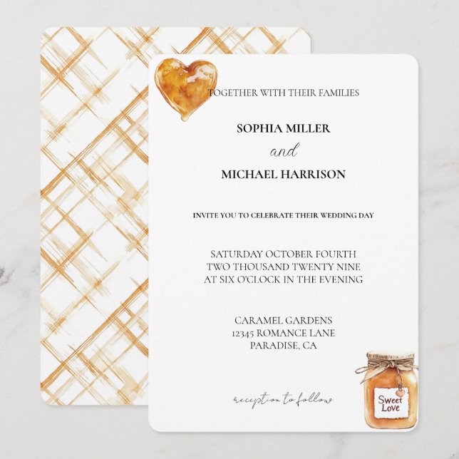Gold White Caramel Sweet Love Heart Wedding Invitation (Front/Back)