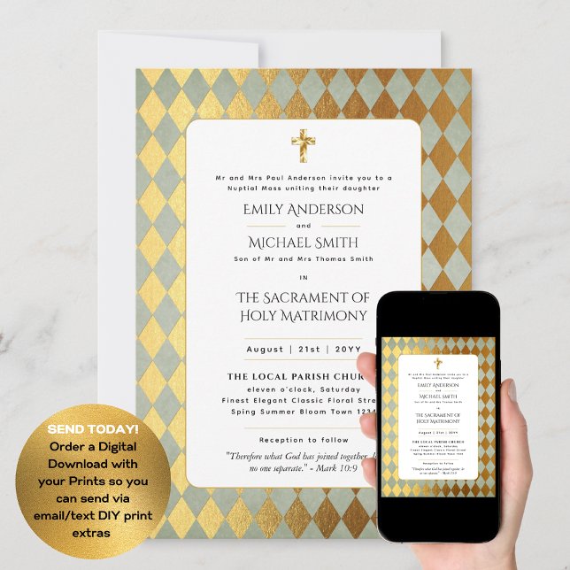 Gold White  Catholic Nuptial Mass Wedding Invitation (Creator Uploaded)