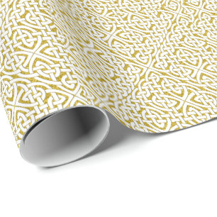 Gold White Celtic Knot Pattern Wrapping Paper