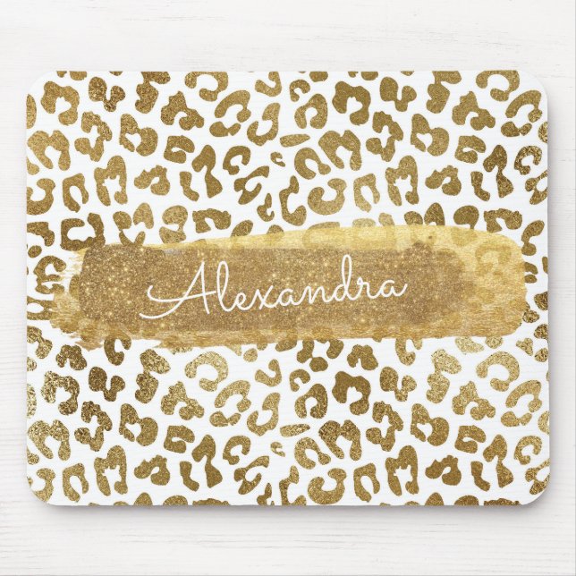 Gold & White Cheetah Print with Gold Glitter Mouse Pad (Front)