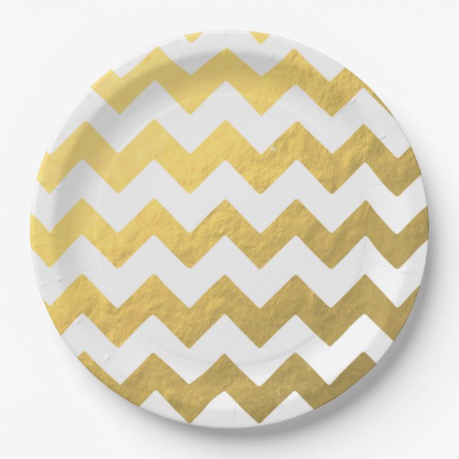 Gold & White Chevron Paper Plates 9' (Front)
