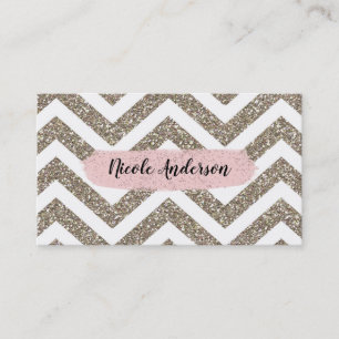 Gold White Chevron Pink Glitter Modern Brush Glam Business Card