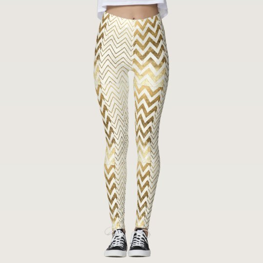 Gold & White Chevron Print Leggings