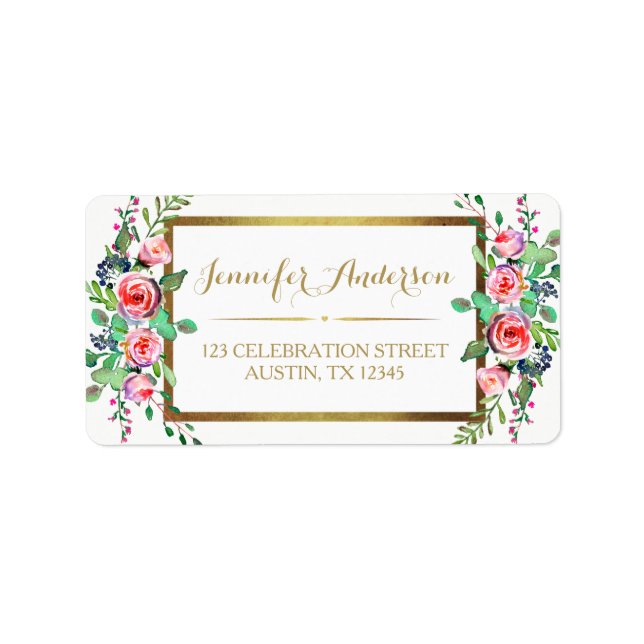 Gold White Chic Beautiful Floral Roses Label (Front)