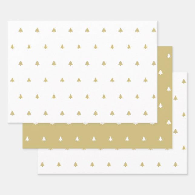 Gold/White Christmas Tree Simple Icon Pattern Wrapping Paper Sheet (Set)
