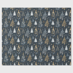 Gold & White Christmas Trees on Black Background Wrapping Paper