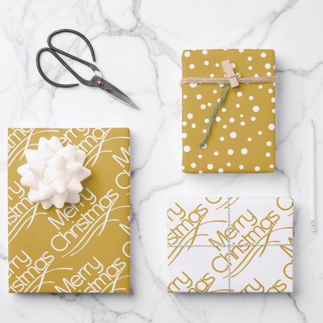 Gold, white Christmas typography and dots holiday Wrapping Paper Sheet (Front)