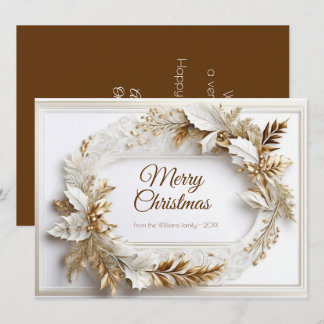 Gold white classic elegant wreath holiday card