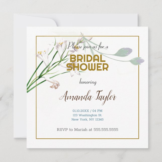 Gold White Colour Floral Minimalist Bridal Shower Save The Date (Front)