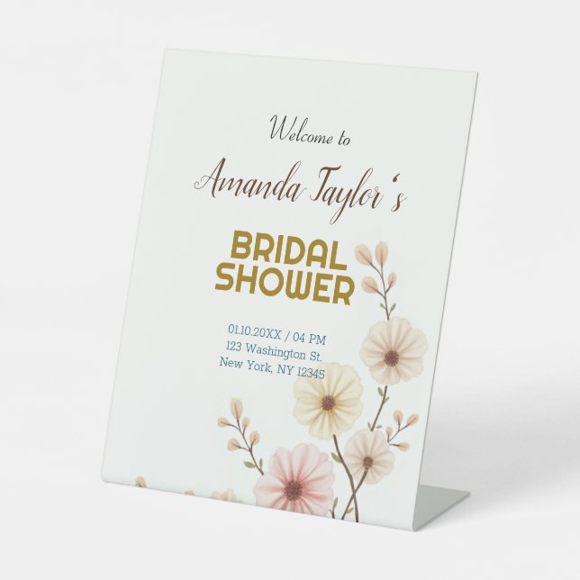 Gold White Colour Minimalist Bridal Shower Pedestal Sign (Front)