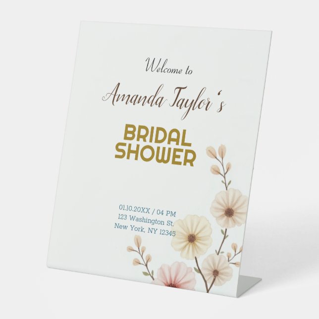 Gold White Colour Minimalist Bridal Shower Pedestal Sign (Front)