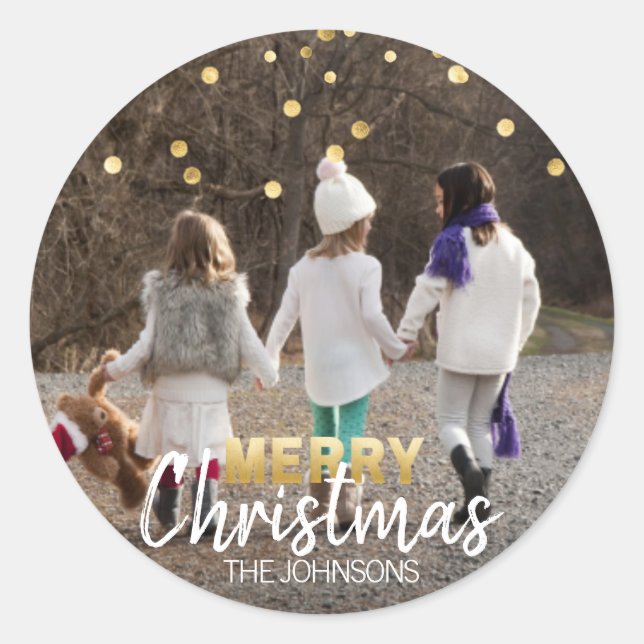 Gold White Confetti Merry Christmas | PHOTO Classic Round Sticker (Front)