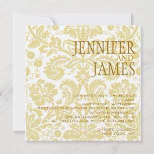 Gold White Cream Damask Summer Wedding Invitation