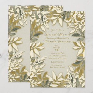 Gold White Cream Ecru Botanical Leaves Bridal Invitation