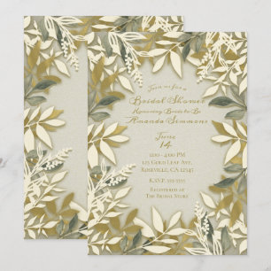 Gold White Cream Ecru Botanical Leaves Bridal Invitation