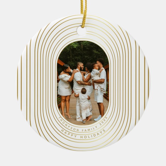 Gold White Custom Photo Family Christmas  Ceramic Ornament (Front)