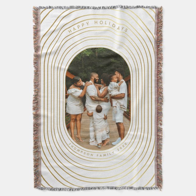 Gold White Custom Photo Family Christmas Throw Blanket (Front Vertical)