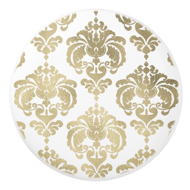 Gold & White Damask Elegant Bedroom Dresser Ceramic Knob (Front)