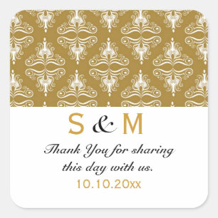 Gold White Damask Thank You Monogram Wedding Square Sticker