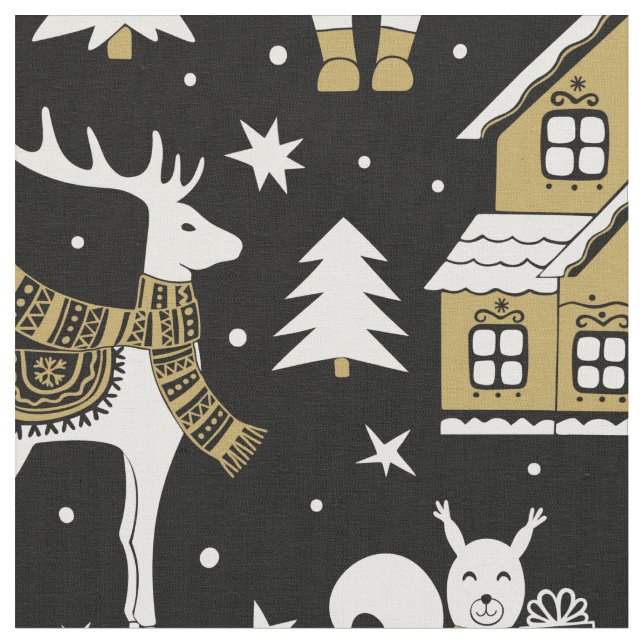 Gold White Deer Bear House Fairisle Black Pattern Fabric (Close Up)