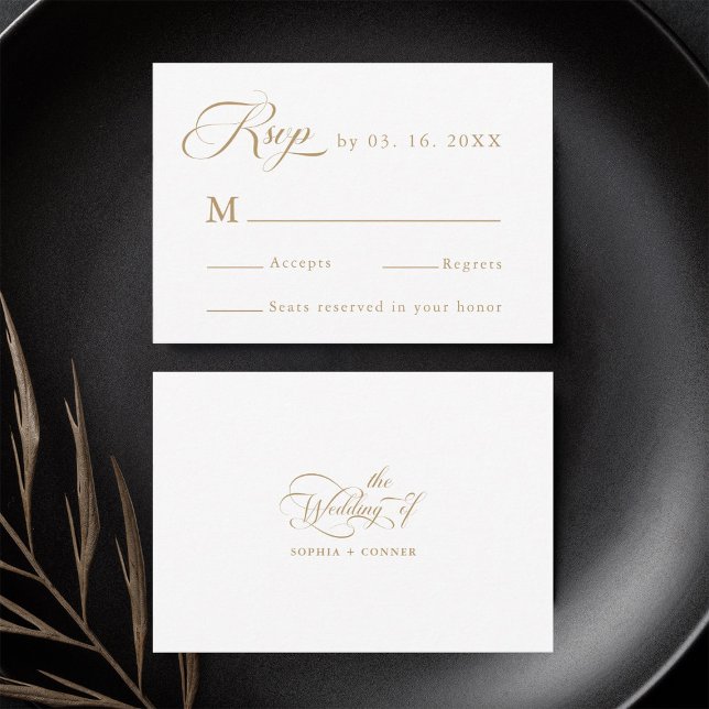 Gold & White Delicate Elegant Wedding  RSVP Card (Front & Back)