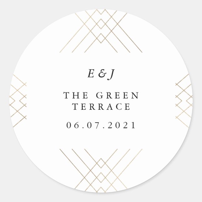 Gold White Elegance Diamond Geo Deco Wedding Classic Round Sticker (Front)