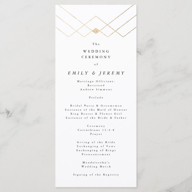 Gold White Elegance Diamond Geo Deco Wedding Program (Front)