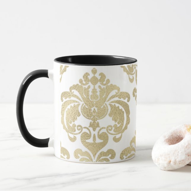 Gold & White Elegant Chic Damask Pattern Mug (With Donut)