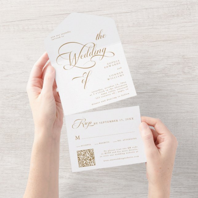 Gold & White Elegant Classy Calligraphy Wedding  All In One Invitation (Tearaway)
