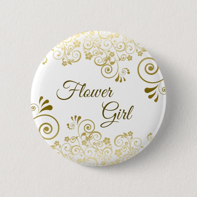 Gold & White Elegant Filigree Flower Girl Wedding 2 Inch Round Button (Front)
