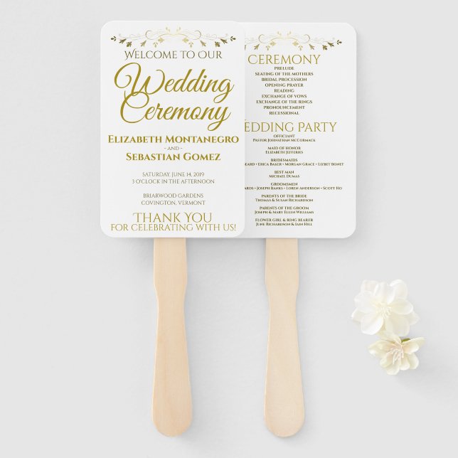 Gold & White Elegant Flourish Wedding Program Hand Fan (Front and Back)