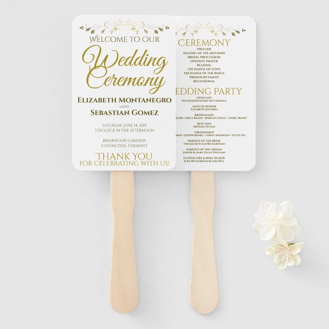 Gold & White Elegant Flourish Wedding Program Hand Fan (Front and Back)