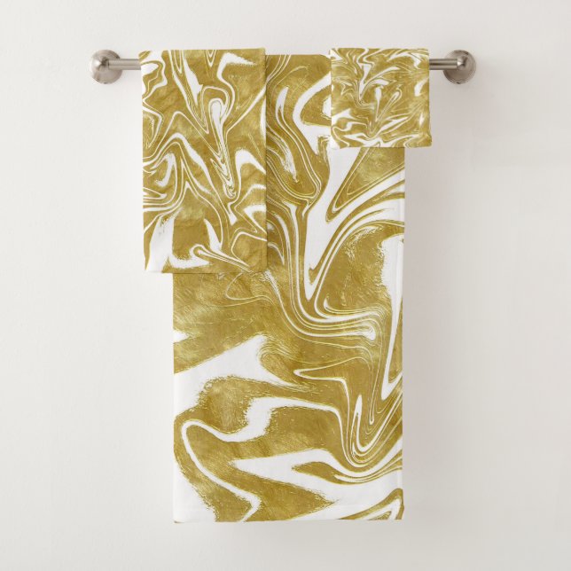 Gold & White Elegant Glam Marble Swirl Bath Towel Set (Insitu)