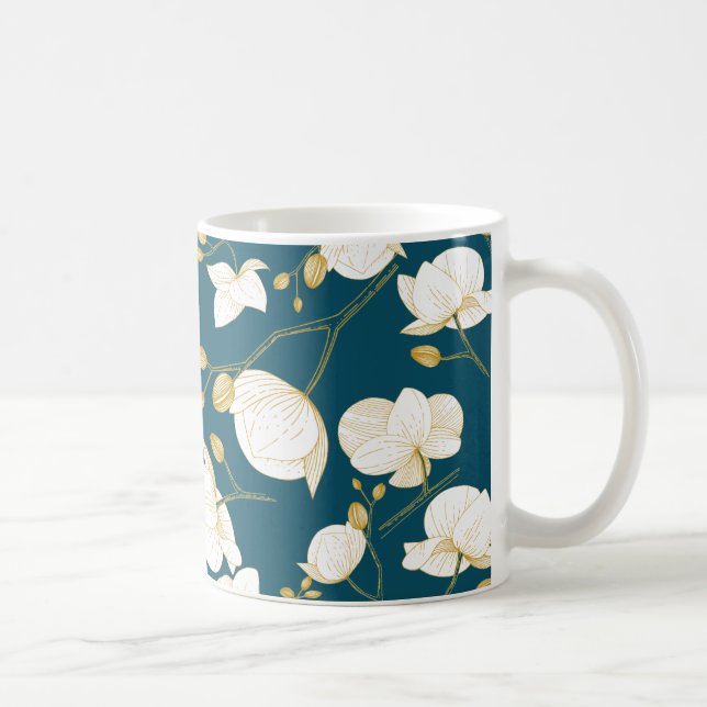 Gold & white elegant orchid floral modern blue coffee mug (Right)