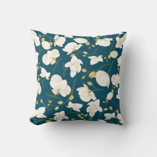 Gold & white elegant orchid floral modern blue throw pillow