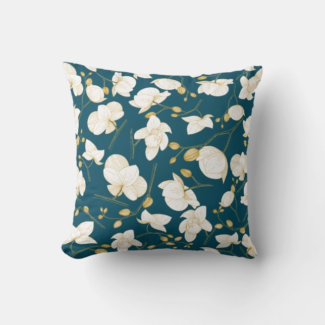 Gold & white elegant orchid floral modern blue throw pillow (Front)