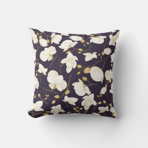 Gold & white elegant orchid floral modern purple throw pillow