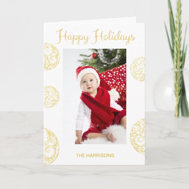Gold White Elegant Photo Christmas Greetings Card (Front)