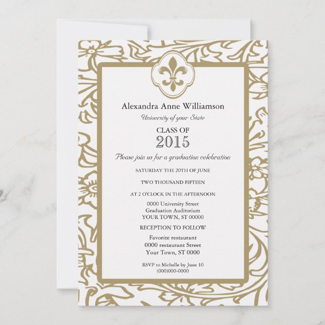 Gold White Fleur de Lis Floral Formal Graduation Invitation (Front)