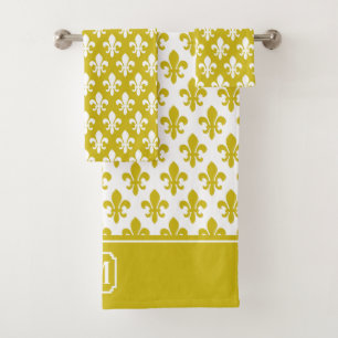 Gold White Fleur De Lis Pattern Monogram Bath Towel Set