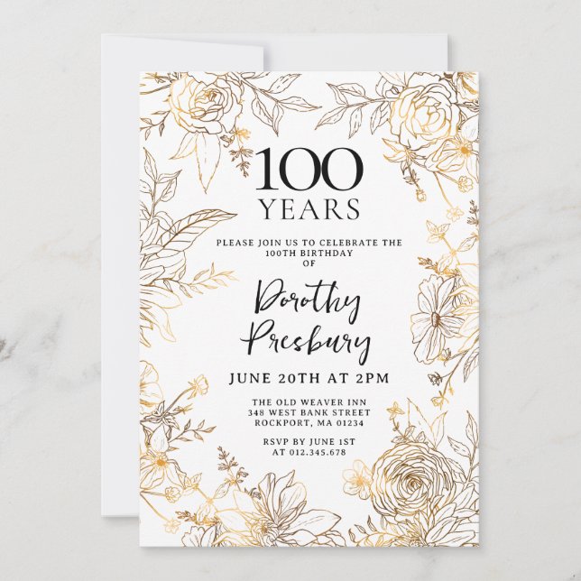 Gold White Floral 100th Birthday Party Invitation (Front)