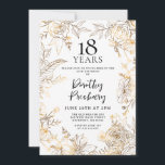 Gold White Floral 18th Birthday Party Invitation<br><div class="desc">Elegant gold line art roses and leaves surround your 18th birthday party details.</div>