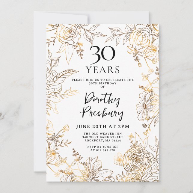 Gold White Floral 30th Birthday Party Invitation (Devant)