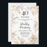 Gold White Floral 40th Birthday Party Invitation<br><div class="desc">Elegant gold line art roses and leaves surround your 40th birthday party details.</div>