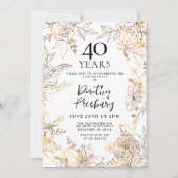 Gold White Floral 40th Birthday Party Invitation