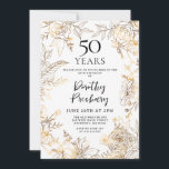 Gold White Floral 50th Birthday Party Invitation<br><div class="desc">Elegant gold line art roses and leaves surround your 50th birthday party details.</div>