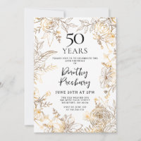 Gold White Floral 50th Birthday Party Invitation