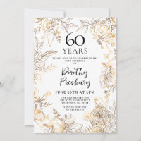 Gold White Floral 60th Birthday Party Invitation