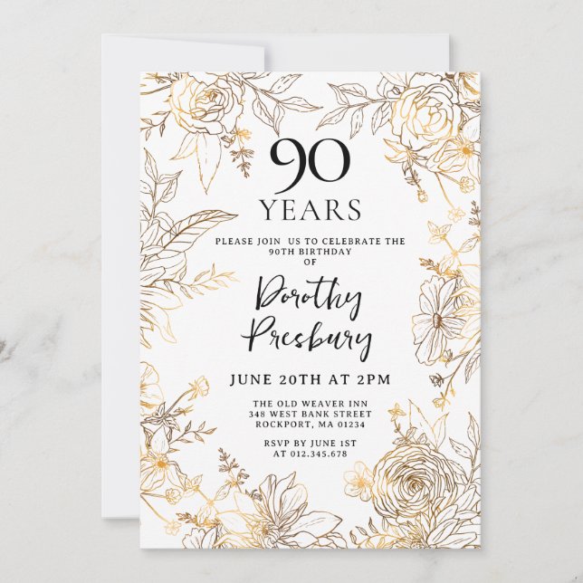 Gold White Floral 90th Birthday Party Invitation (Front)