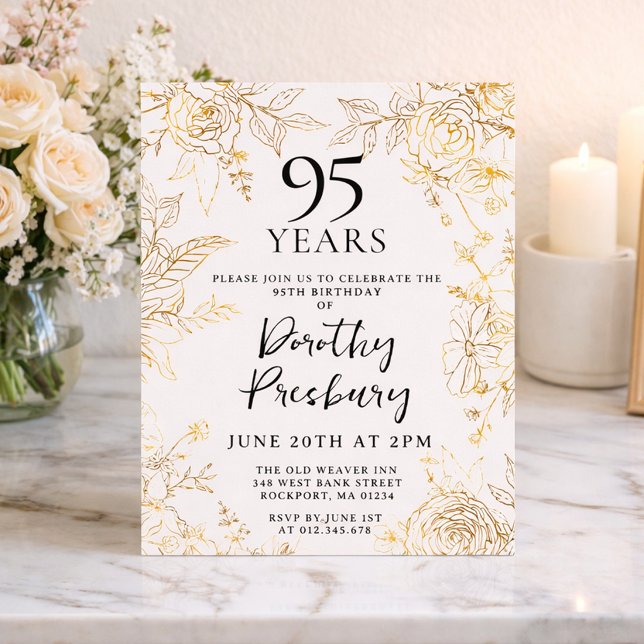 Gold White Floral 95th Birthday Party Invitation (Creator Uploaded)